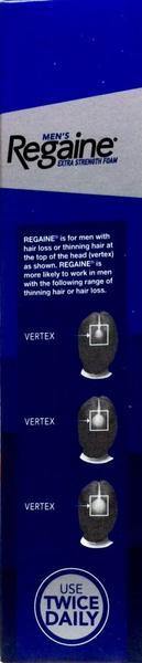 Regaine foam hair loss treatment 60g packaging highlighting vertex application for men's hair loss management.