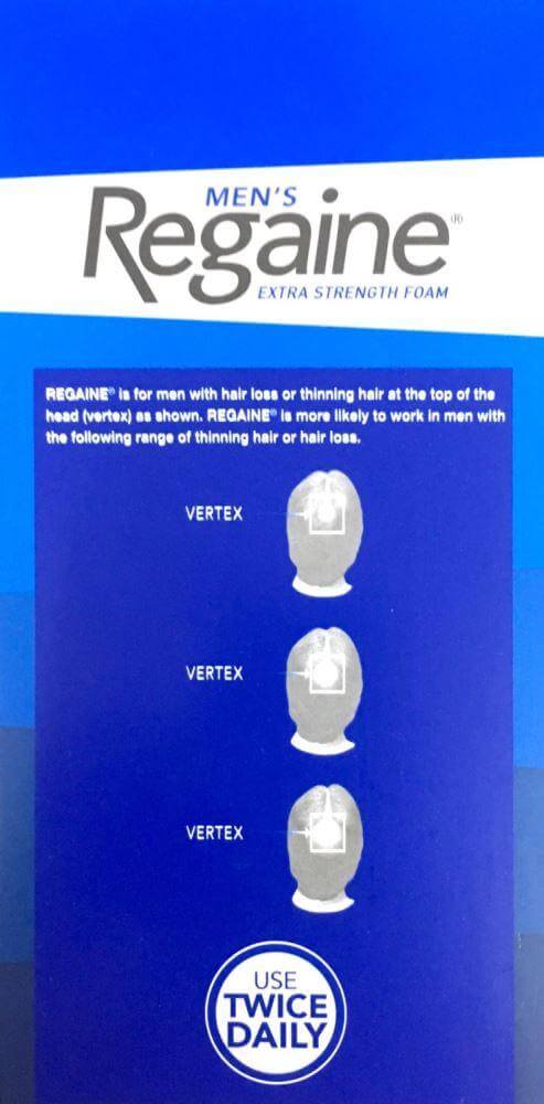 Men's REGAINE® Extra Strength Foam illustration showing application areas for thinning hair, encouraging use twice daily.