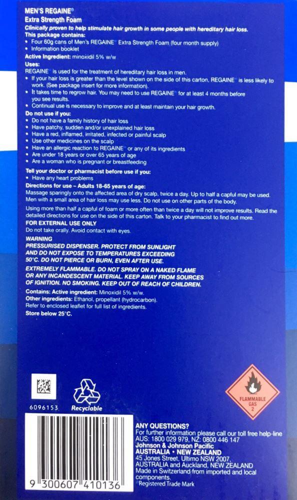 Regaine Men's Extra Strength Foam Minoxidil 5% back packaging with usage instructions and ingredients.