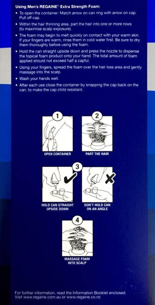 Instructions for using Regaine Men's Extra Strength Foam for effective scalp application.