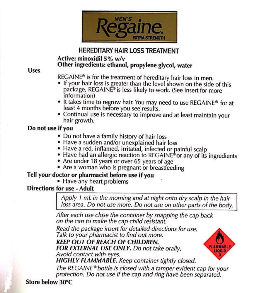 Regaine men's minoxidil 5% product information and usage instructions for hair loss treatment.