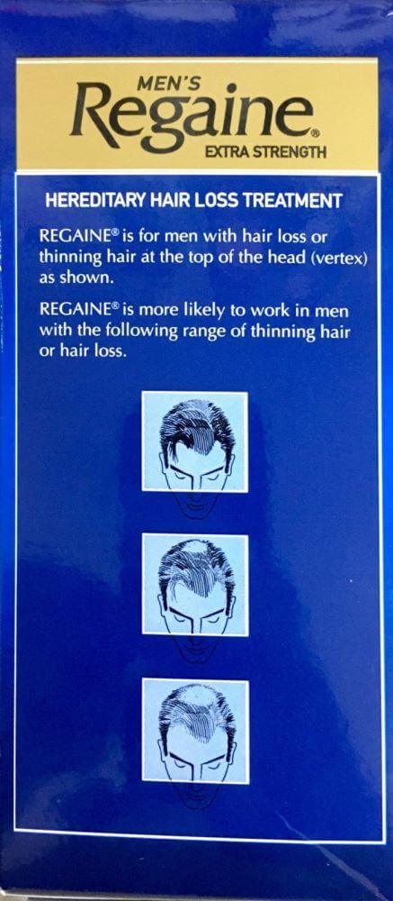 Regaine men's minoxidil 5% extra strength hair loss treatment box with hair loss diagrams.