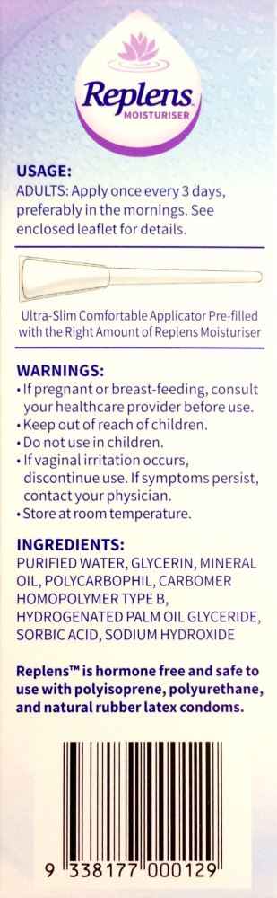 Replens Vaginal Moisturiser usage and ingredient information for vaginal moisturiser for dryness.