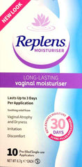 Replens vaginal moisturiser for dryness with 10 applicators, providing long-lasting hydration and relief from discomfort.