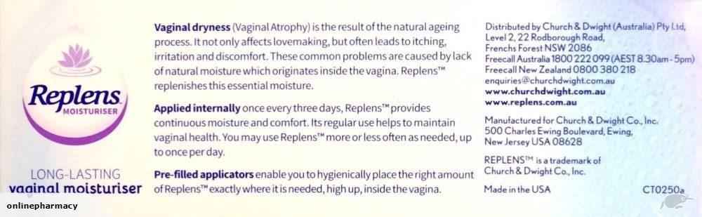 Replens Vaginal Moisturiser for dryness pack displaying product information and applicator usage instructions.