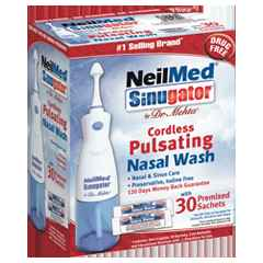 Neilmed Sinugator Cordless Pulsating Nasal Wash with 30 premixed packets for effective nasal hygiene.