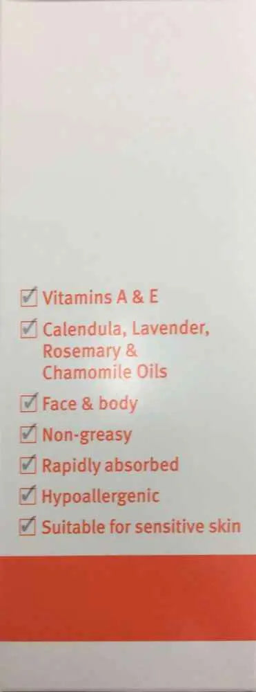 Skin care product features including vitamins A and E, calendula, lavender, rosemary oils, and suitable for sensitive skin