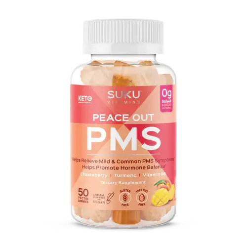SUKU Vitamins Peace Out PMS 50 Protein Gummies issues,joint tissues,menopause,menstrual cycle,menstrual cycle irregularities,Peace Out PMS,premenstrual symptoms,Protein Gummies,stabilise menstrual,stabilise menstrual cycle,such as hot flushes,Suku Vitamin