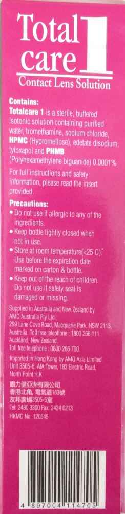 Total Care contact lens solution 100ml bottle showing ingredients and precautions for optimal eye comfort.