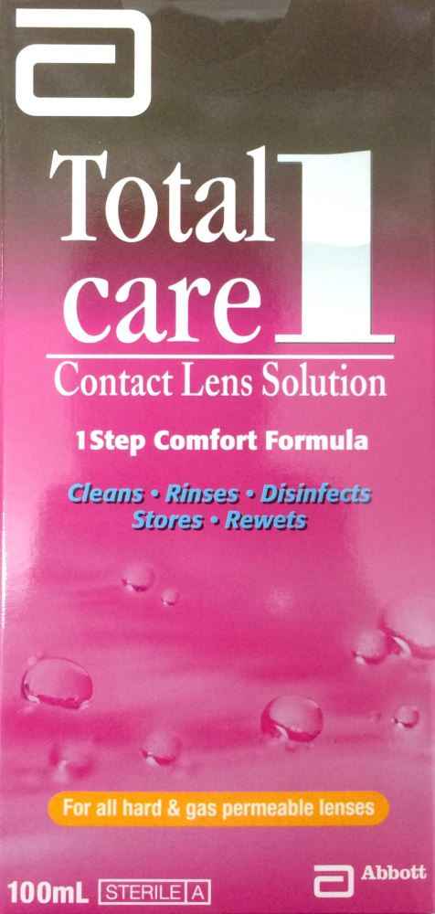 Total Care contact lens solution 100ml, 1 step comfort formula for all hard and gas permeable lenses.