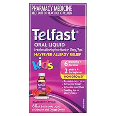 Telfast Oral Liquid Kids 60mL anti histamine,issues,non drowsy anti histamine,telfast