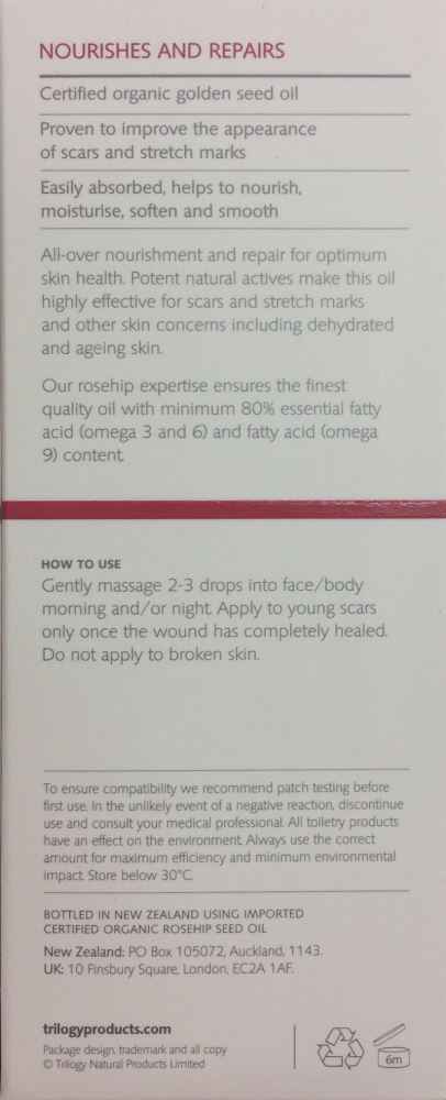 Back label of Trilogy Certified Organic Rosehip Oil showcasing nourishing benefits and usage instructions for organic rosehip oil.