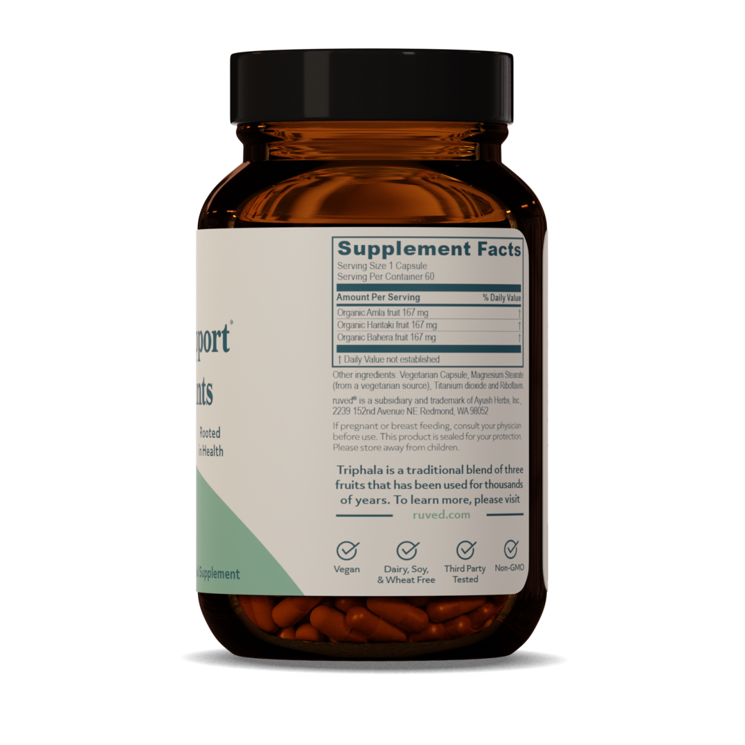 Triphala digestive support capsules in a brown bottle showing supplement facts for gut health and antioxidants.