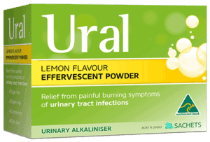 Ural OTC pack sachets, lemon flavour effervescent powder for urinary alkaliniser and relief from urinary tract infections.