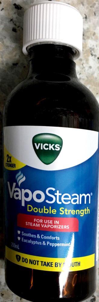 VICKS VAPO STEAM DOUBLE STRENGTH INHALANT 200ML double strength,eucalyptus and peppermint,for use in steam vapourizers,issues,soothes and comfort,vicks vaposteam