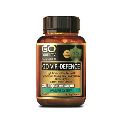 Go Healthy Go Vir-Defence Capsules bottle, supports immune system with Olive Leaf extract.