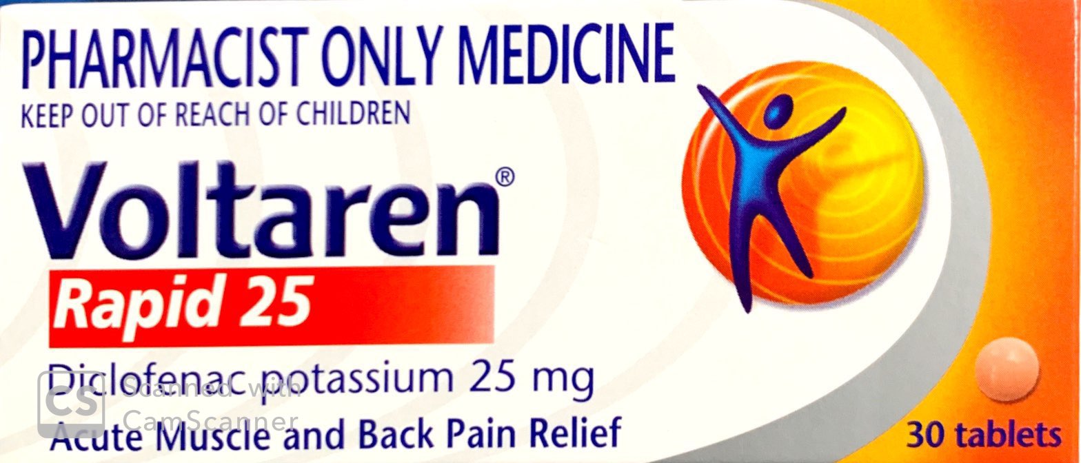 Voltaren Rapid 25 Tablets - Diclofenac Potassium 25mg, 30 Tablets, Pharmacist Only Medicine 25mg Tablets,Anti-Inflammatory Medication,Diclofenac Potassium,Fast Acting Pain Relief,optimized,Pain Relief Tablets,Pharmacist Only Medicine,Prescription Pain Man