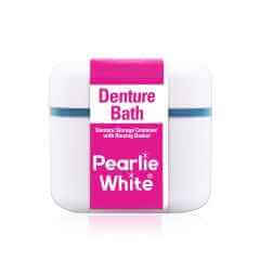 PEARLIE WHITE DENTURE BATH - DENTURE CONTAINER WITH RINSING BASKET all in one neat solution.,closed container,convenient way to clean dentures,denture cleansing liquid.,durable plastic,hygienic