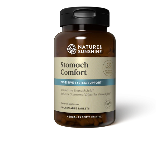 Natures Sunshine Stomach Comfort 60 chewable tablets Alginic Acid from Brown Seaweed (Phaeophyceae),Ginger Rhizome (Zingiber officinale),Guar Gum (Cyamopsis tetragonolobus),issues,Licorice Root Extract (Glycyrrhiza glabra),Papaya Fruit (Carica papaya),Pro