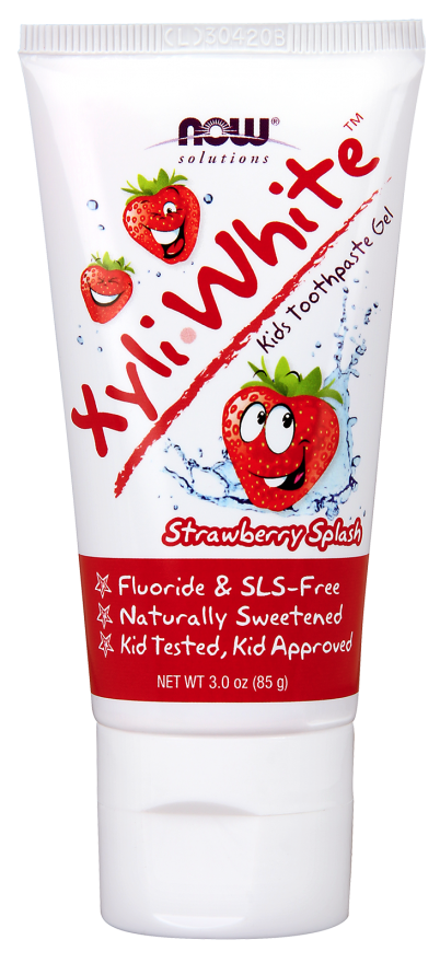 XyliWhite fluoride-free kids toothpaste gel 85g Strawberry Splash tube with strawberries and kid-friendly design.
