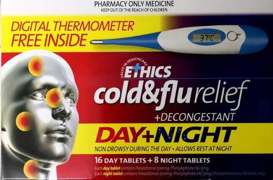 Ethics Cold and Flu Plus Decongestant Day&Night 24's+ Digital Thermometer - DominionRoadPharmacy