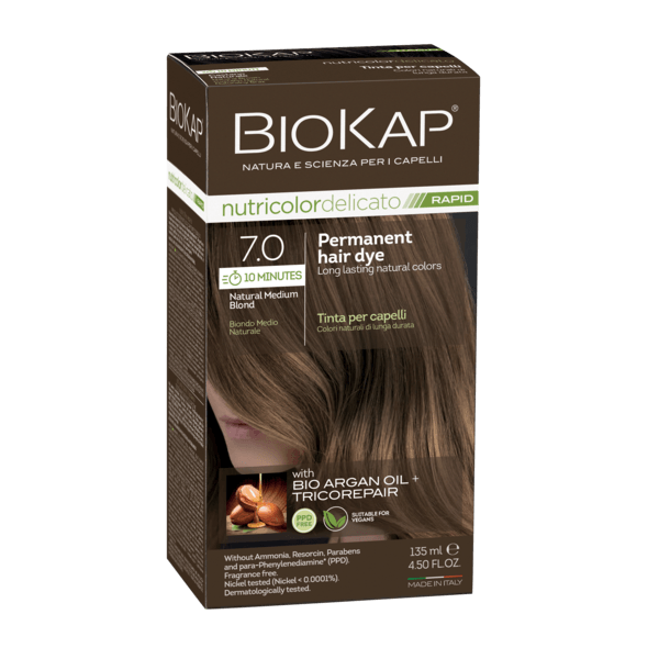 BIOKAP NUTRICOLOR DELICATO RAPID 7.0 NATURAL MEDIUM BLOND PERMANENT HAIR DYE