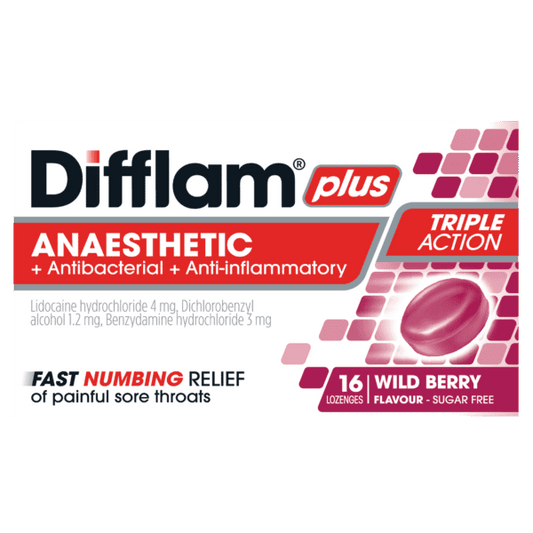 Difflam Plus Anaesthetic + Antibacterial + Anti-inflammatory lozenges Wild Berry 16 lozenges - DominionRoadPharmacy