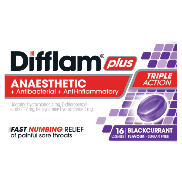 Difflam Plus Anaesthetic + Antibacterial + Anti-inflammatory lozenges Blackcurrant 16 - DominionRoadPharmacy