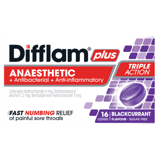 Difflam Plus Anaesthetic + Antibacterial + Anti-inflammatory lozenges Blackcurrant 16 - DominionRoadPharmacy