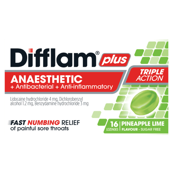 Difflam Plus Anaesthetic + Antibacterial + Anti-inflammatory lozenges Pineapple & Lime 16 - DominionRoadPharmacy