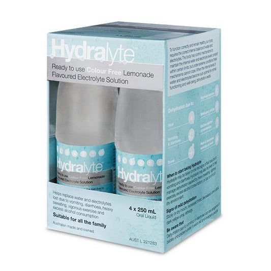 Hydralyte Ready to Drink colour free Lemonade Electrolyte Solution 4 x 250 mL Pack