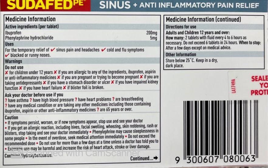 Sudafed PE Sinus + Anti Inflammatory Pain Relief 48 tablets
