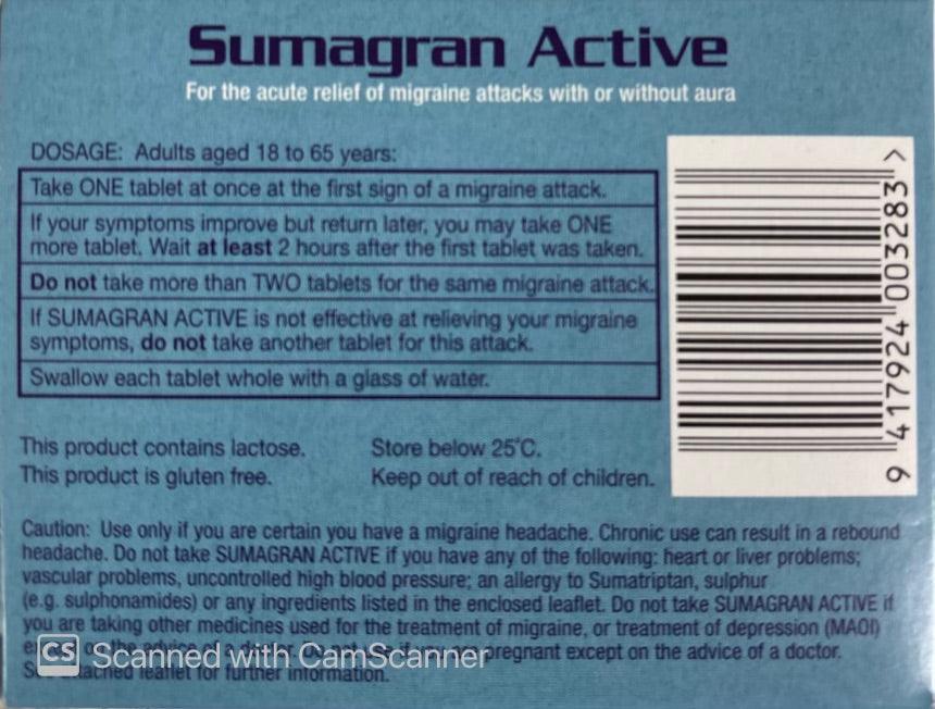 SUMAGRAN Active Tablets 50MG 2 Tablets Pharmacist Only Medicine Quantity 1 restriction