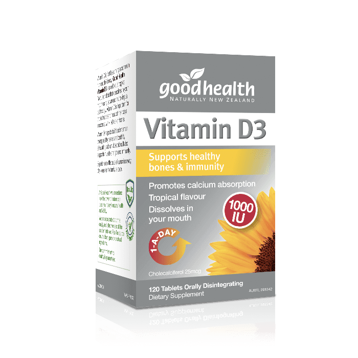 Good Health Vitamin D3 provides 1000IU of Vitamin D3 120 capsules