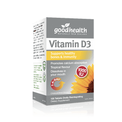 Good Health Vitamin D3 provides 1000IU of Vitamin D3 120 capsules