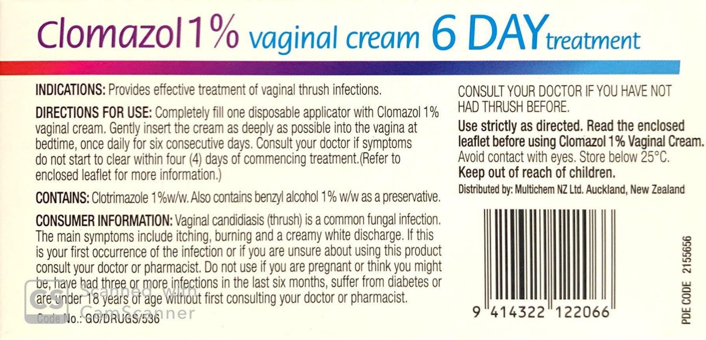 Clomazol 1% Vaginal Cream For Treatment Of Vaginal Thrush 35g - Pharmacist Only Medicine