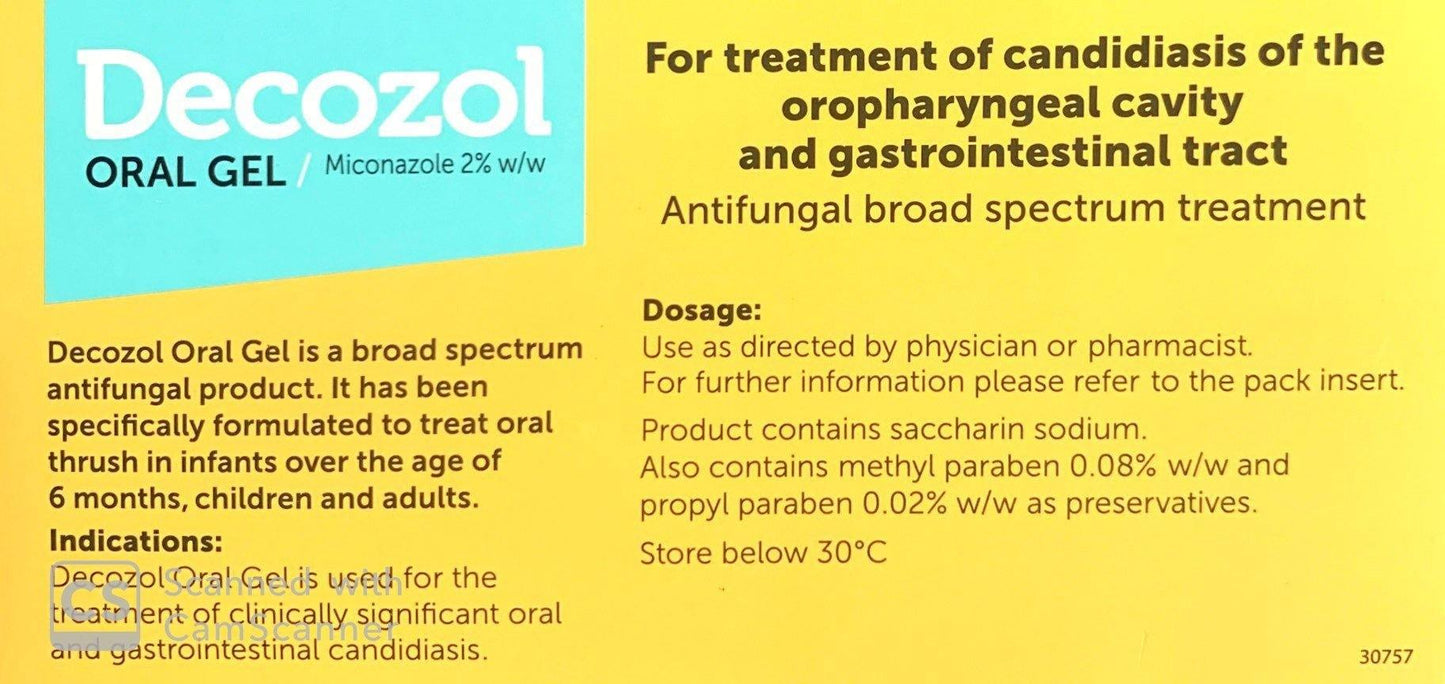 Decozol Oral Gel For Treatment Of Candidiasis 40g - Pharmacist Only Medicine