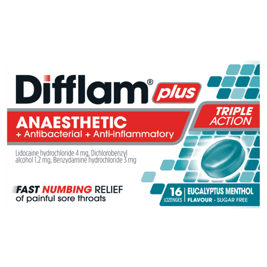 Difflam Plus Anaesthetic + Antibacterial + Anti-inflammatory lozenges Eucalyptus Menthol flavour 16 - DominionRoadPharmacy