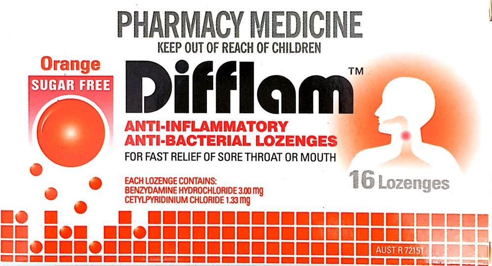 Difflam Lozenges Orange for relief of sore throat 16 Lozenges Pharmacy Medicine - Pakuranga Pharmacy