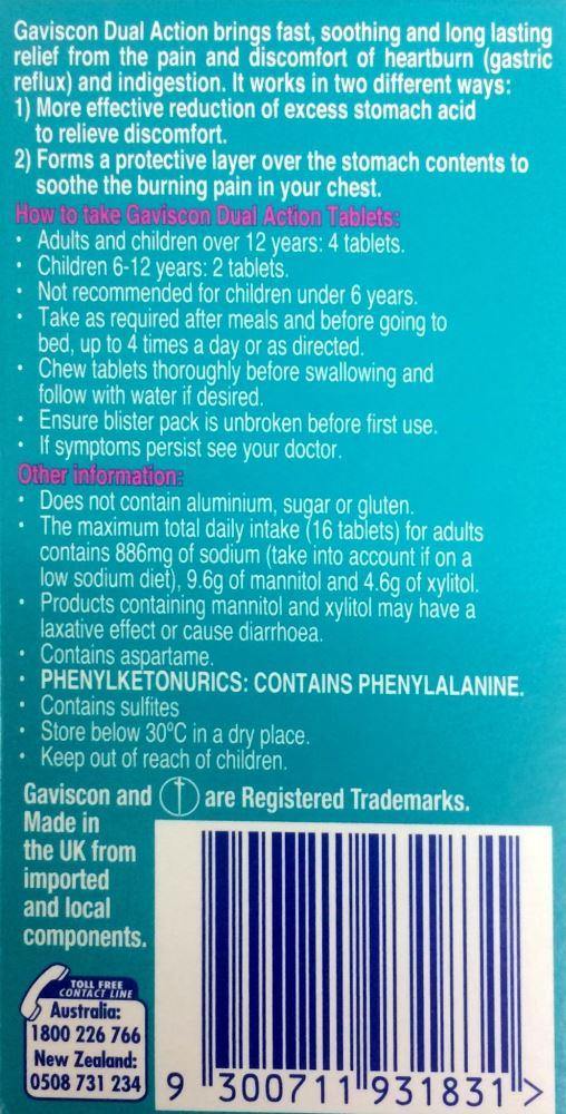 Gaviscon Peppermint Tablets 32 Chewable Dual Action Relief - DominionRoadPharmacy