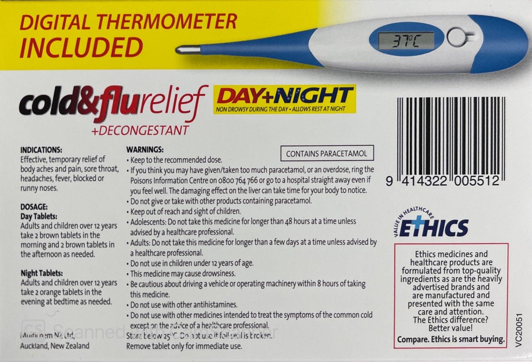 Ethics Cold and Flu Plus Decongestant Day&amp;Night 24's+ Digital Thermometer