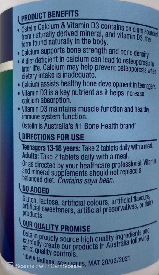 Ostelin calcium &amp; Vitamin D3 250 Tablets