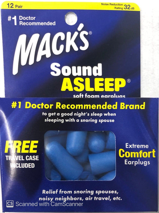 Macks Sound Asleep soft foam Earplugs 12 pair Free Travel Case