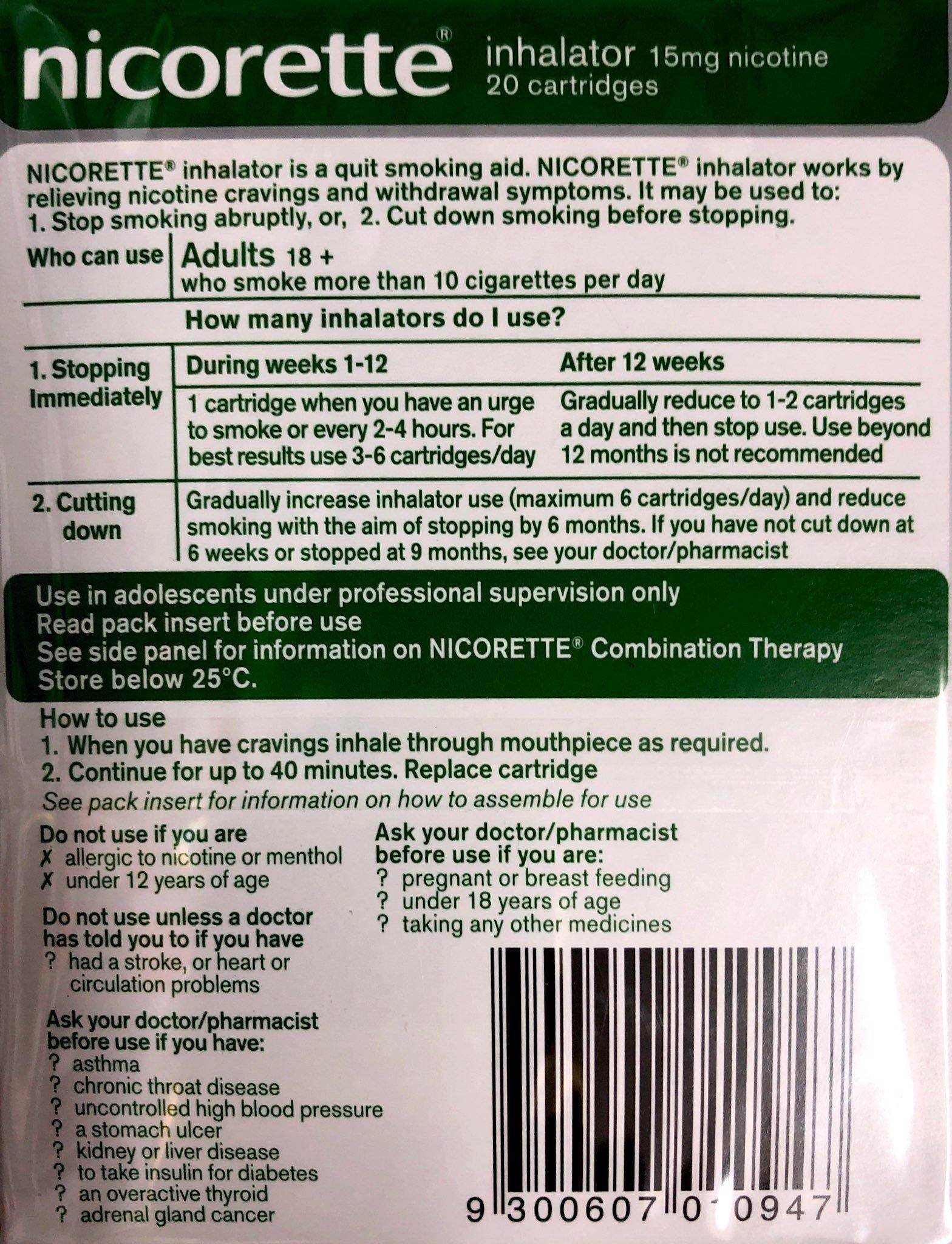 Nicorette inhalator 15mg 20 catridges 1 mouthpiece