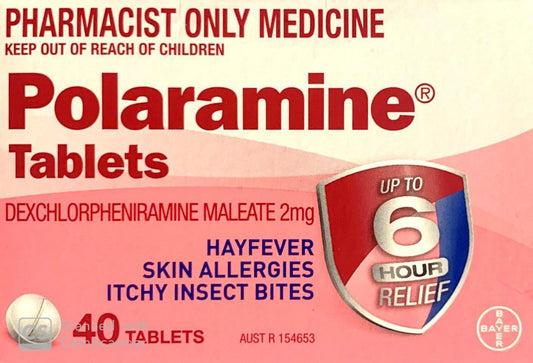 Polaramine Colour Free Tablets For Hayfever, Skin Allergies, Itchy Insect Bites 40 Tablets - Pharmacist Only Medicine