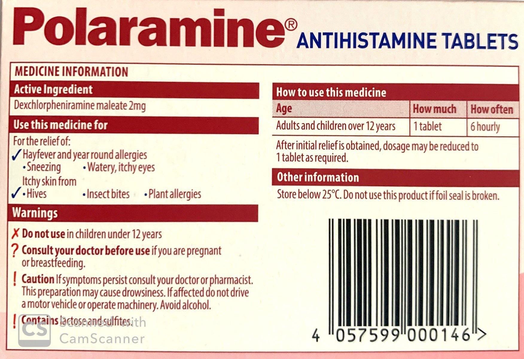 Polaramine Colour Free Tablets For Hayfever, Skin Allergies, Itchy Insect Bites 40 Tablets - Pharmacist Only Medicine