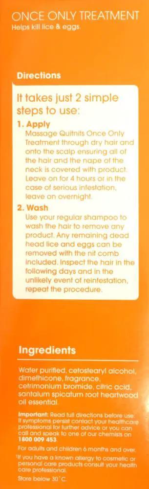 Quitnits head lice treatment directions and ingredients for easy use to eliminate lice and eggs.