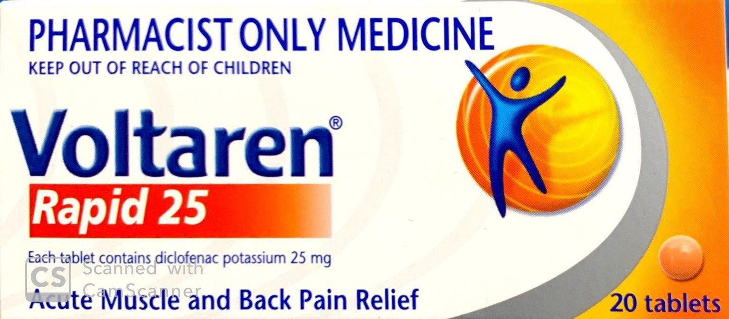 Voltaren Rapid 25 - Diclofenac Potassium 25mg 20 Tablets - Pharmacist Only Medicine