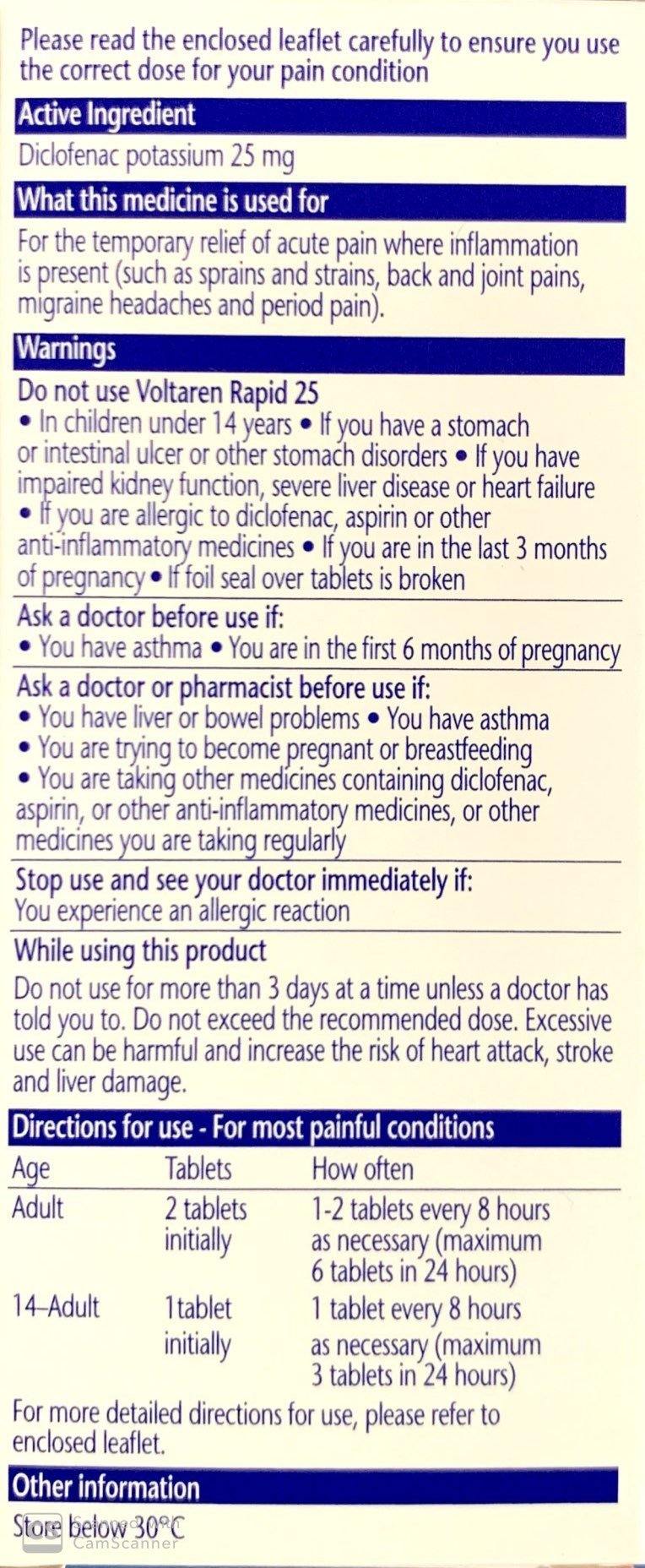 Voltaren Rapid 25 - Diclofenac Potassium 25mg 30 Tablets - Pharmacist Only Medicine